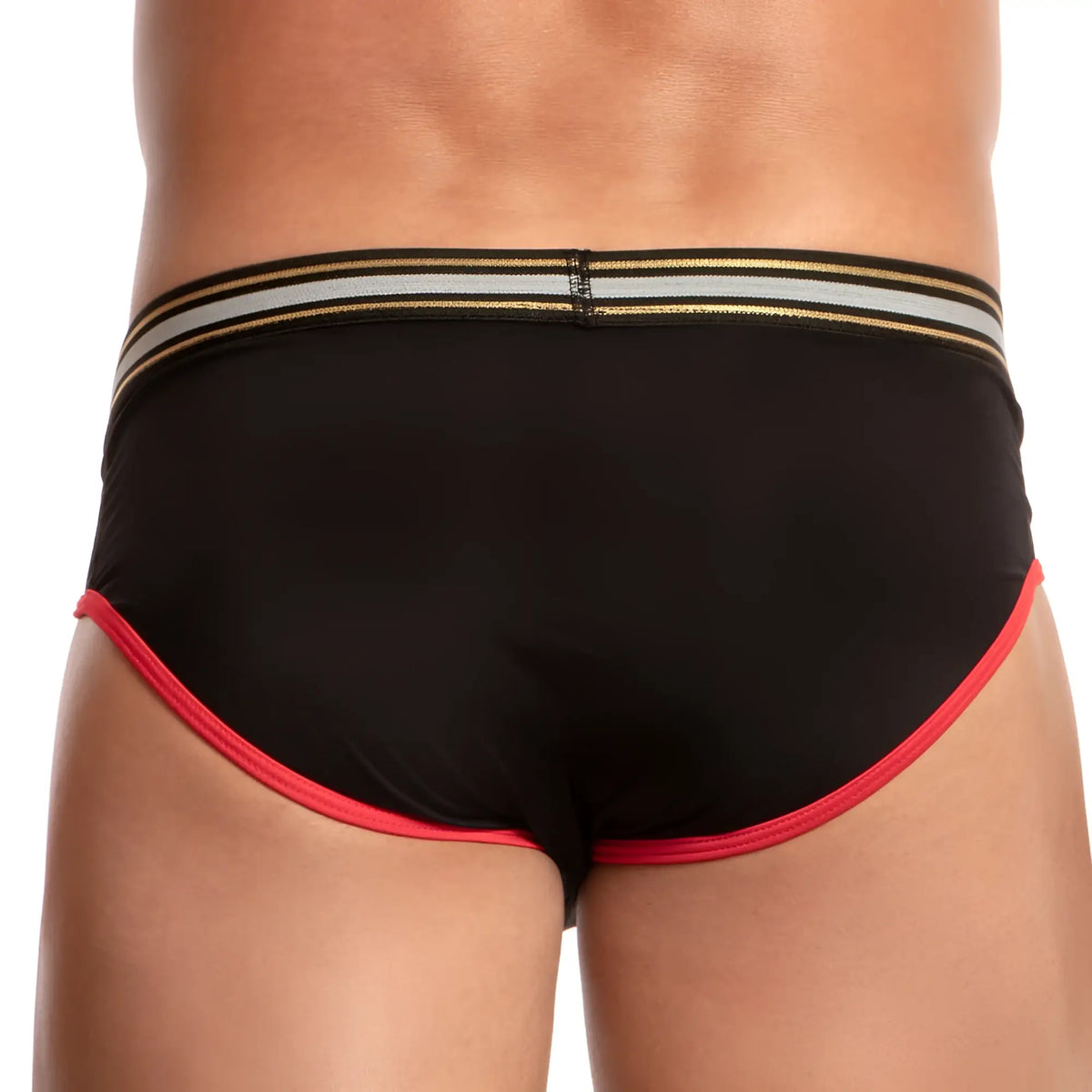 Black briefs with red trim and a gold silver black striped waistband from pistol pete ppj023 brief collection