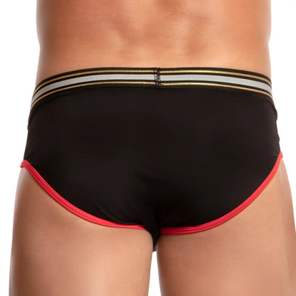 Black briefs with red trim and a gold silver black striped waistband from pistol pete ppj023 brief collection