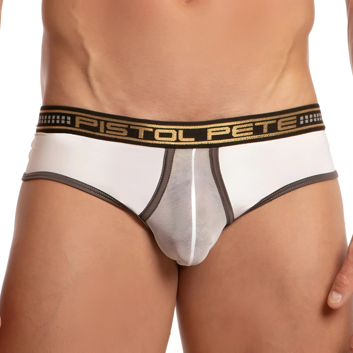 White and gray Pistol Pete PPJ023 athletic briefs with black elastic waistband featuring gold pistol pete lettering
