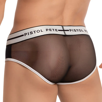 Black mesh briefs with white trim and branded waistband by pistol pete ppj024 for comfortable everyday wear