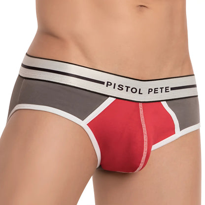 Red and gray athletic briefs with white trim and pistol pete brand name on contrasting waistband designed for active wear