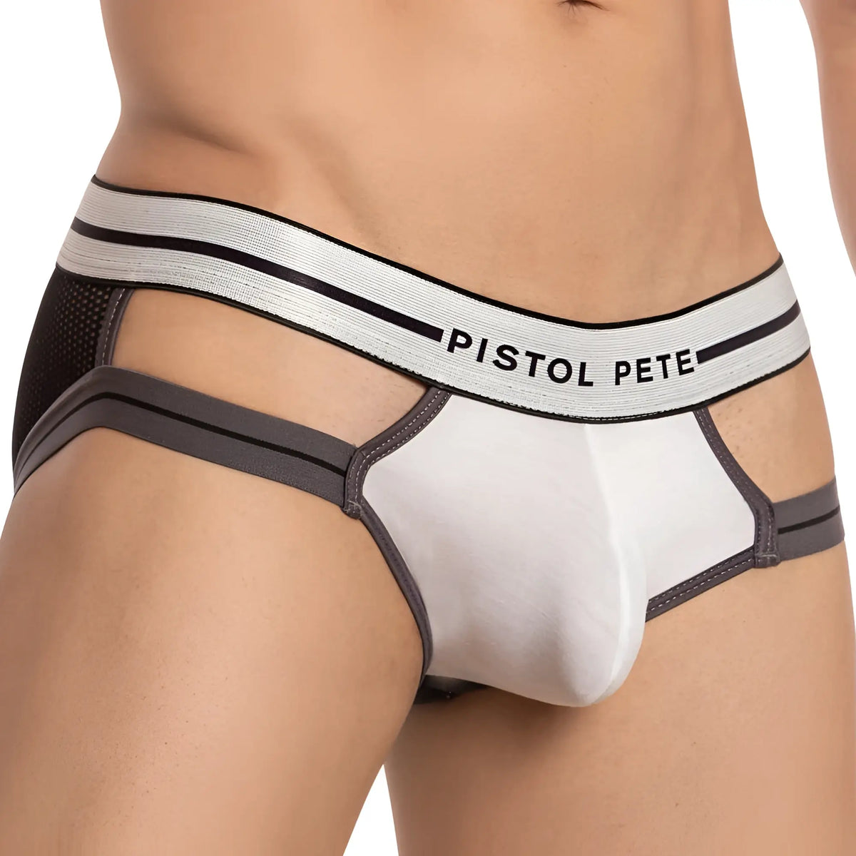 White and gray pistol pete ppj025 bikini briefs with mesh panel and branded waistband for men