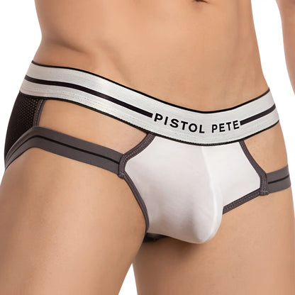 White and gray pistol pete ppj025 bikini briefs with mesh panel and branded waistband for men