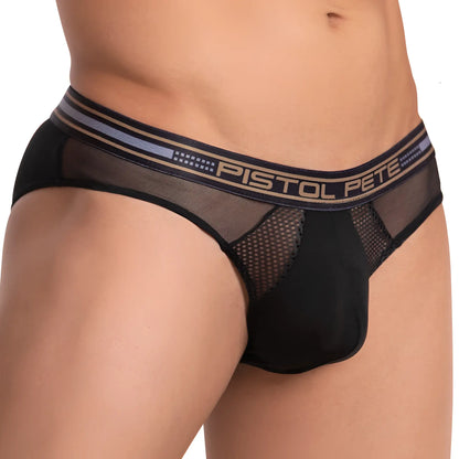 Black mesh Pistol Pete PPJ028 boxer briefs with navy blue and beige striped waistband featuring logo