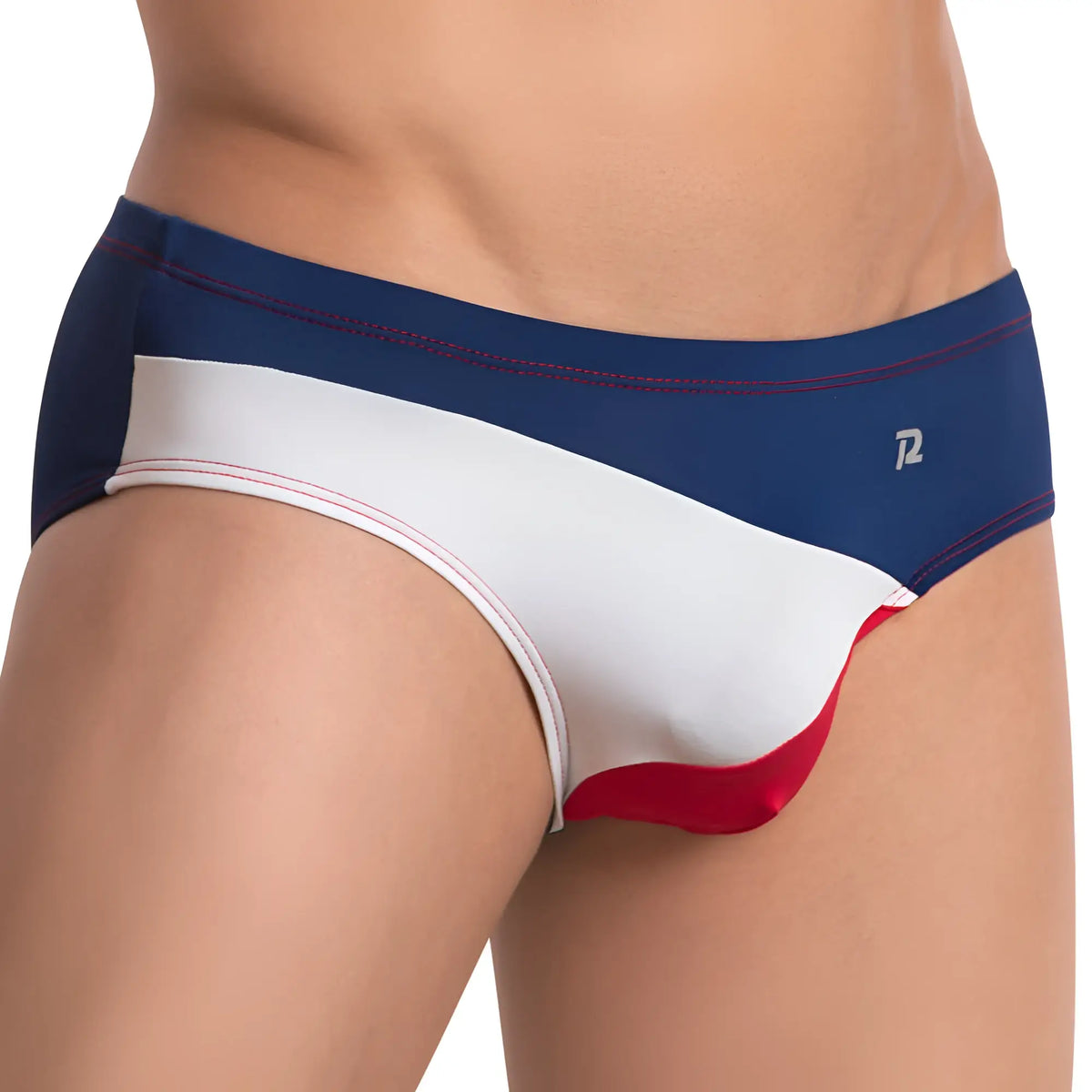 Navy blue white and red tri-color swim trunks pistol pete ppj029 brief with sleek modern design for swimming
