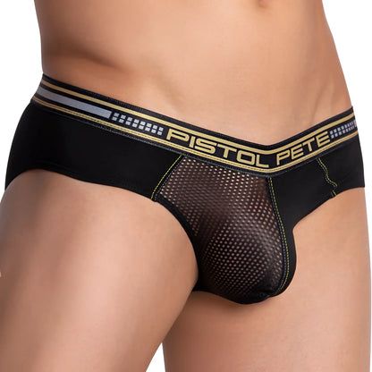 Black mesh briefs with a gold and gray elastic waistband featuring the pistol pete logo ppj031 brief