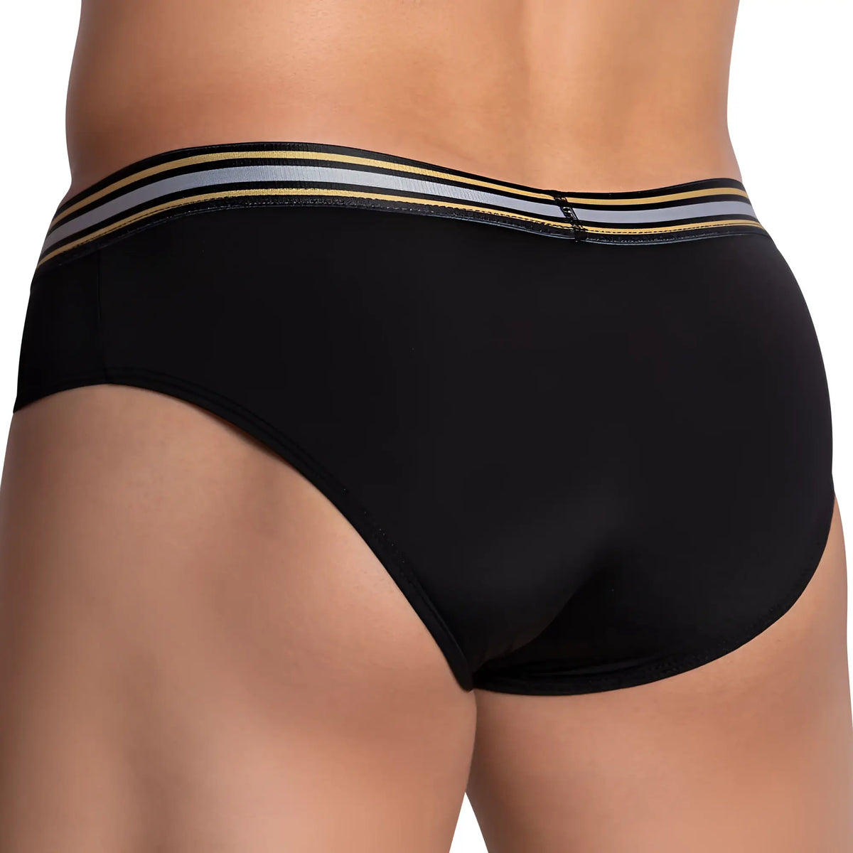 Black pistol pete ppj031 brief with gold and gray striped waistband made of soft breathable fabric