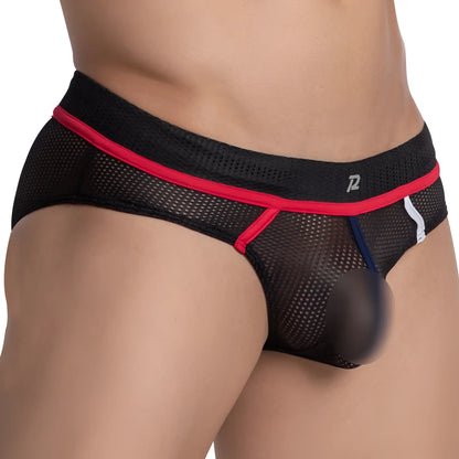 Black mesh briefs with red trim and white waistband logo by pistol pete ppj032 for breathable comfort and style