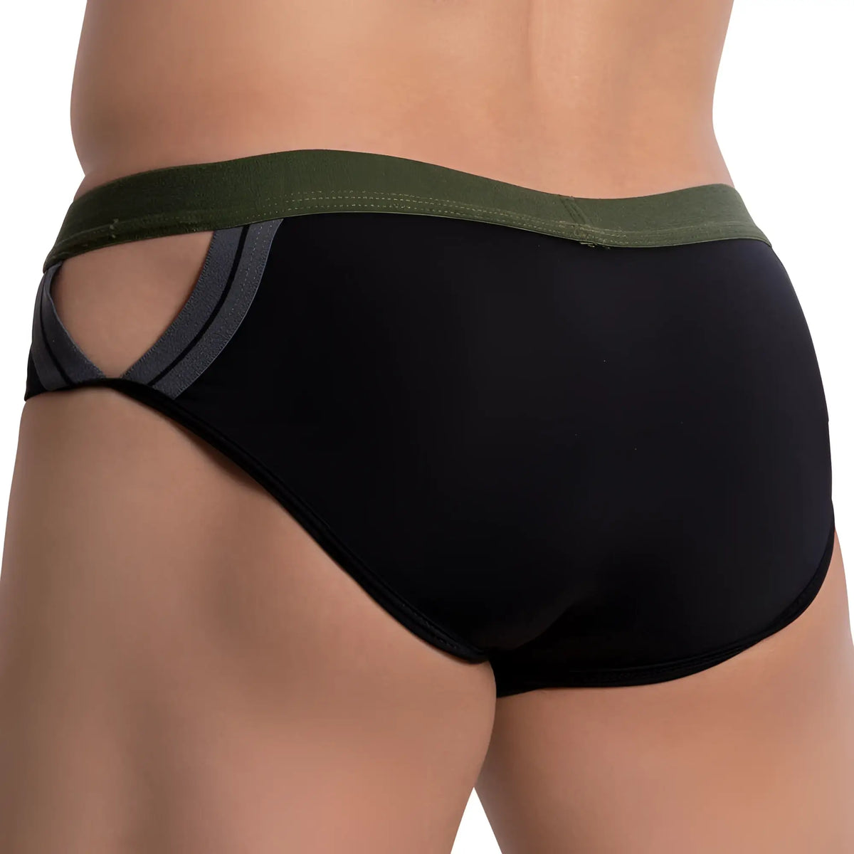 Black briefs pistol pete ppj033 with olive green waistband and gray cutout detailing for comfortable wear