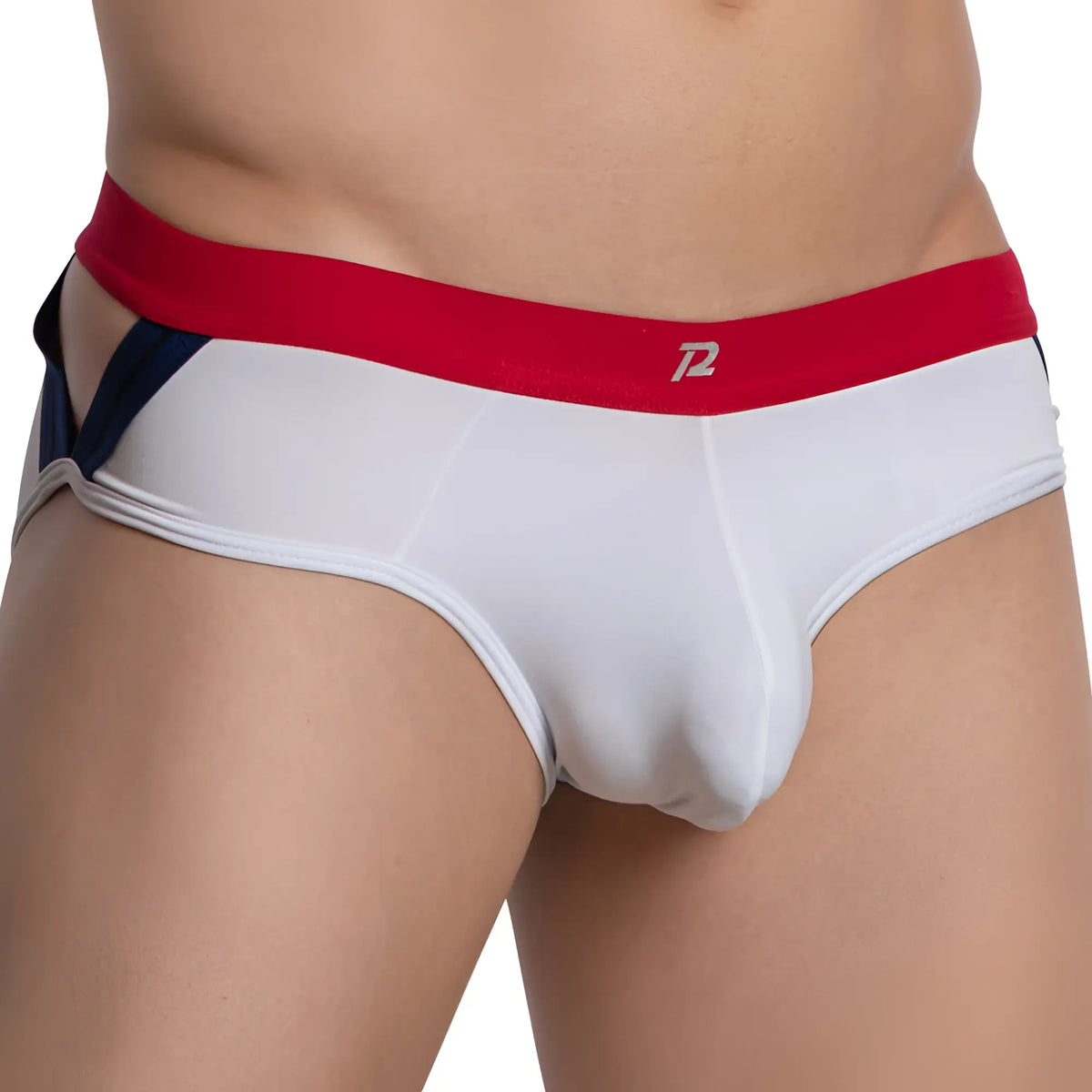 White menâ€™s briefs pistol pete ppj033 with red waistband silver p2 logo and navy blue side panels