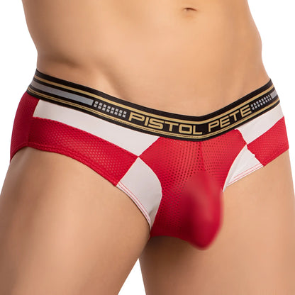 Red and white checkered mesh briefs with a black gold gray pistol pete branded waistband pistol pete ppj034 brief