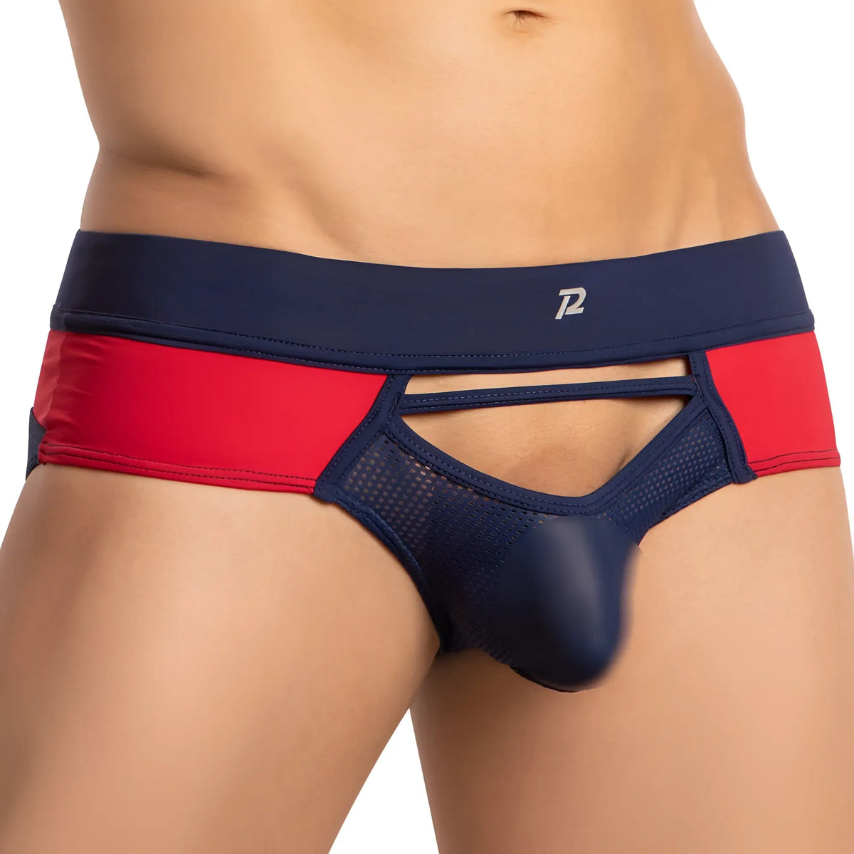 Navy blue and red pistol pete ppj035 menâ€™s briefs with mesh panel cutout design and branded waistband logo