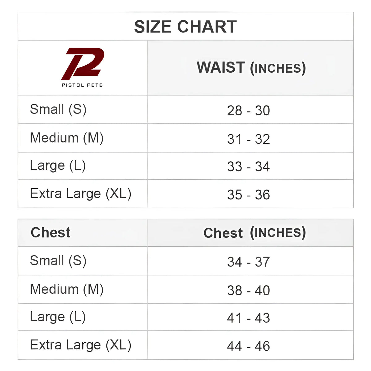 Pistol pete ppk006 thong size chart showing waist and chest measurements from small to extra large sizes