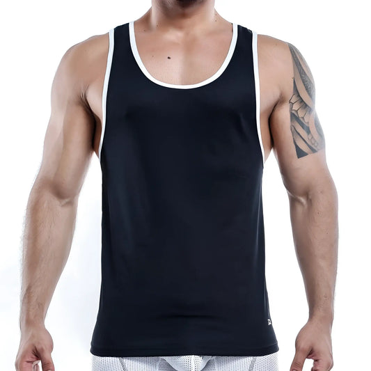 Pistol Pete PPM008 black tank top with white trim around neckline and armholes for casual or sportswear