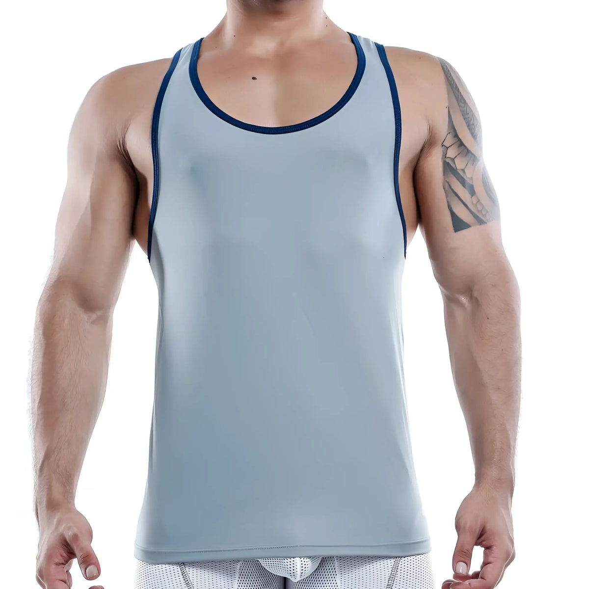 Light blue Pistol Pete PPM008 athletic tank top with navy blue trim along neckline and armholes for active wear