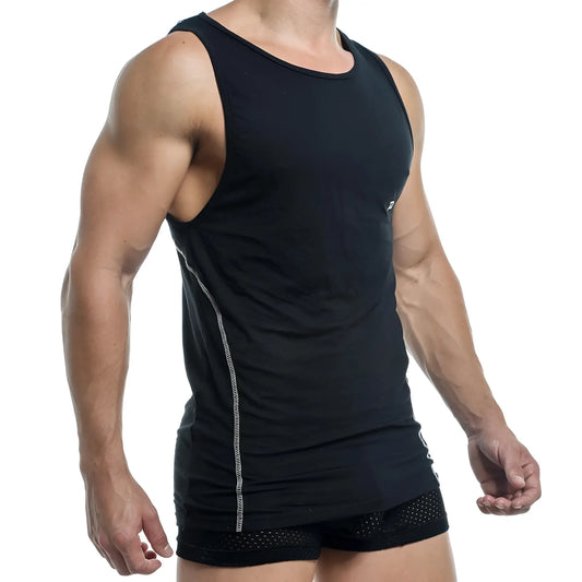 Black pistol pete ppm010 athletic tank top with white side stitching and subtle logo on upper left chest