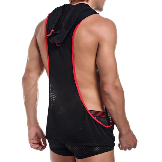 Black mesh athletic tank top with red trim and hood pistol pete ppm012 hoody cover shown from the back