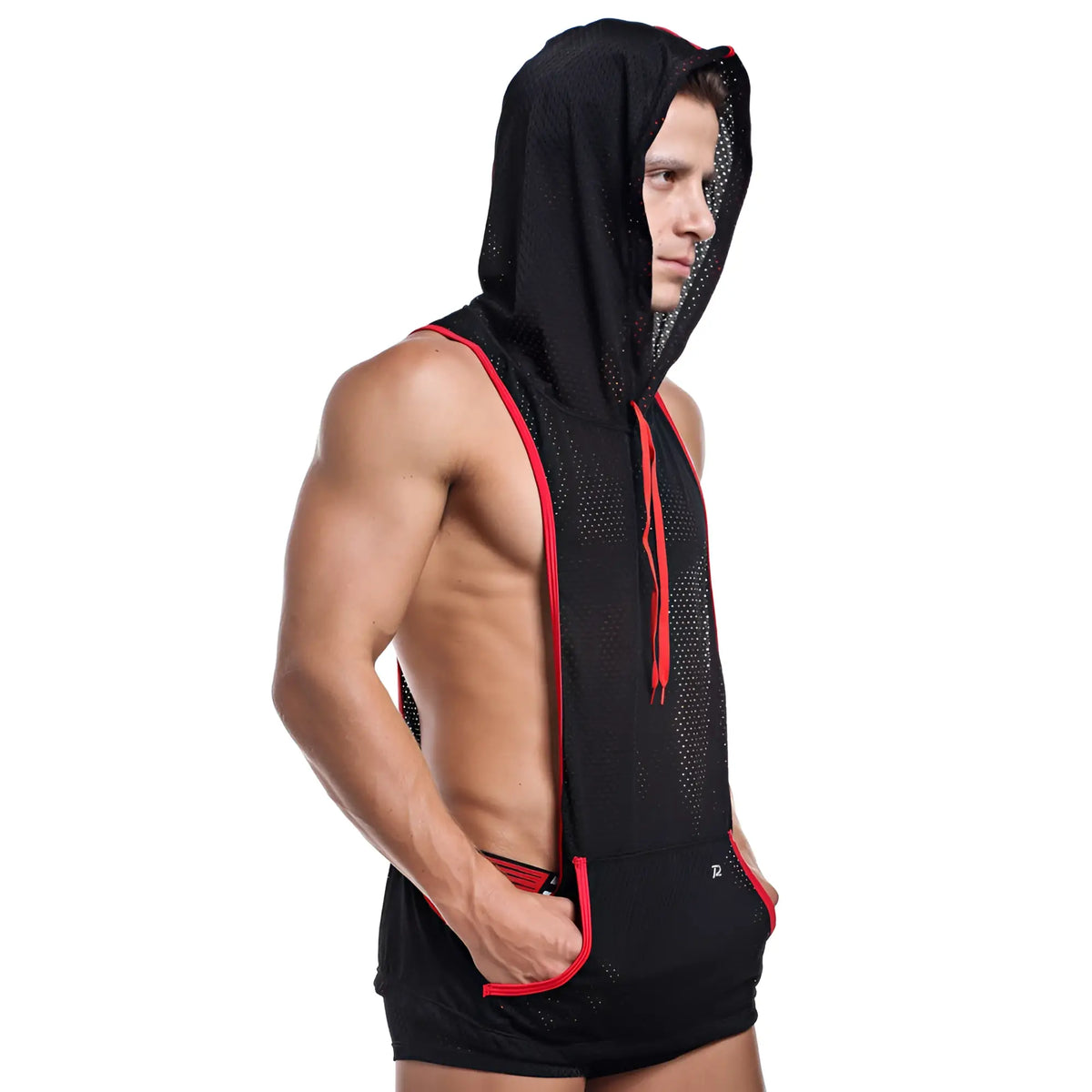 Black mesh hooded tank top with red trim and drawstrings pistol pete ppm012 hoody cover front view