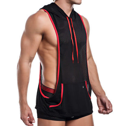 Black mesh hoodie tank top with red trim and drawstring by pistol pete ppm012 hoody cover front view