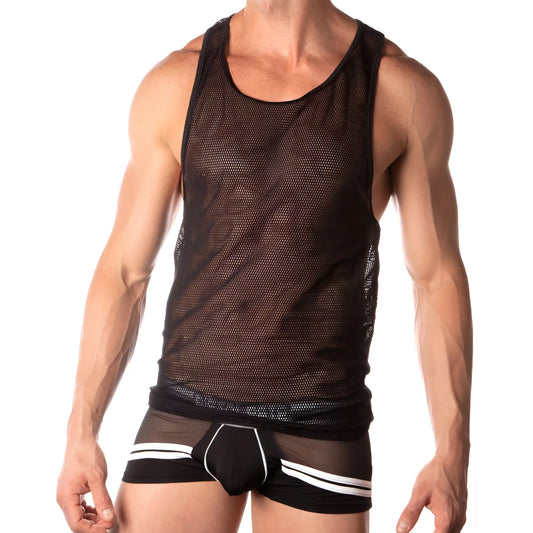 Black mesh pistol pete ppm014 tank top with scoop neckline and ribbed hem for breathable casual wear