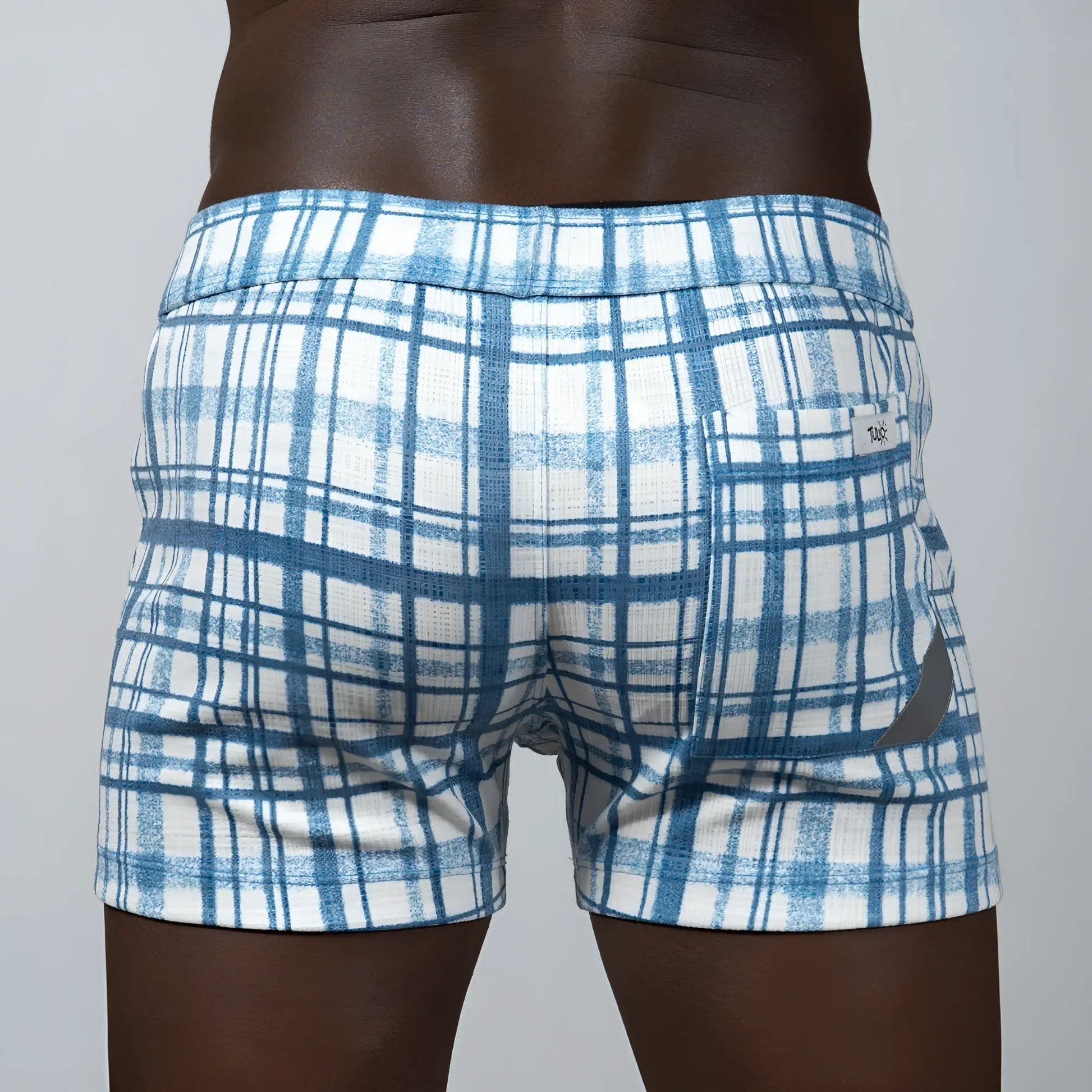 Blue and white plaid print linen texture shorts featuring a textured fabric finish for casual wear
