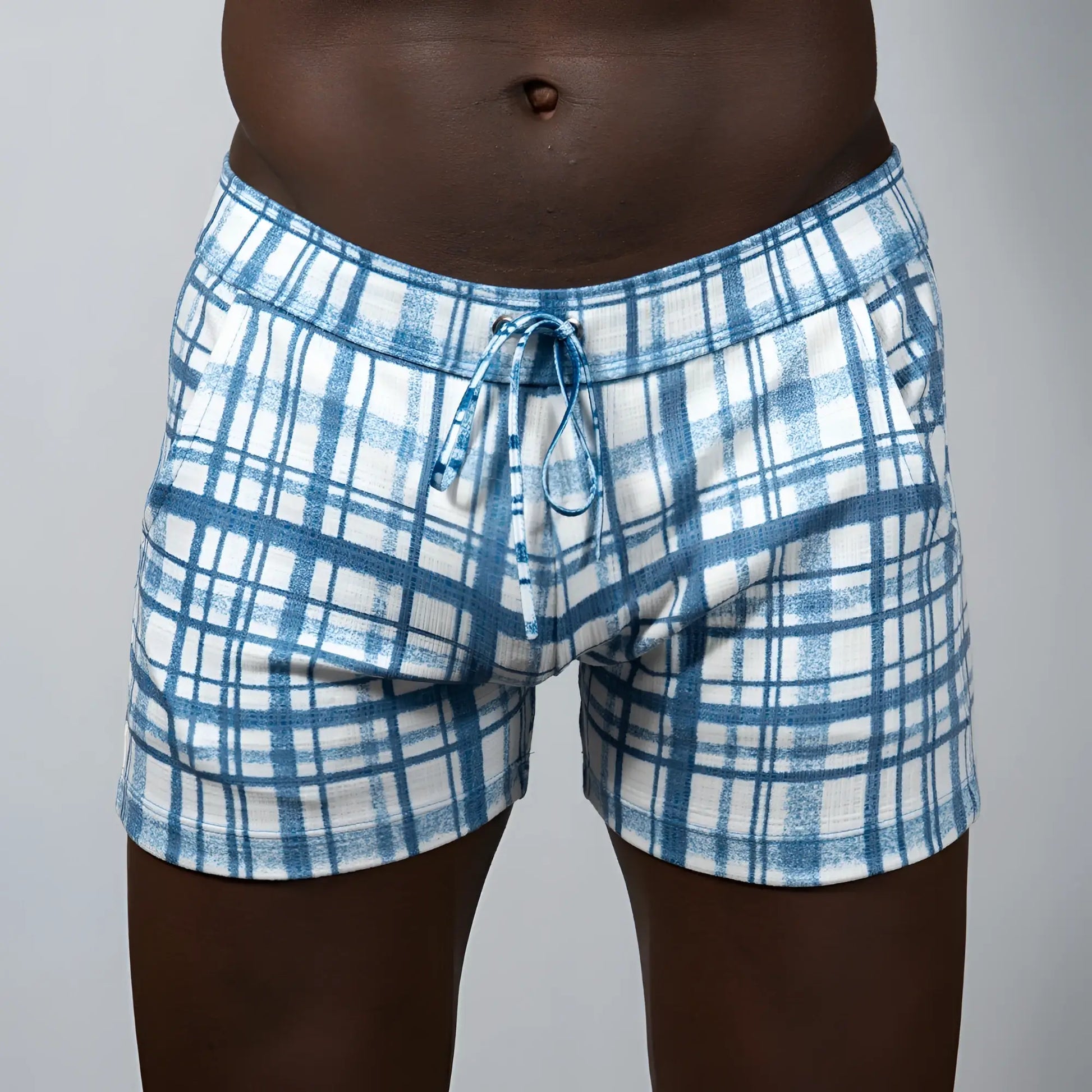 Blue and white plaid linen texture shorts with drawstring waistband ideal for casual summer wear