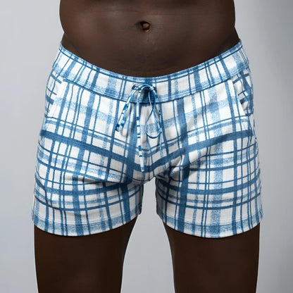 Blue and white plaid linen texture shorts with drawstring waistband ideal for casual summer wear