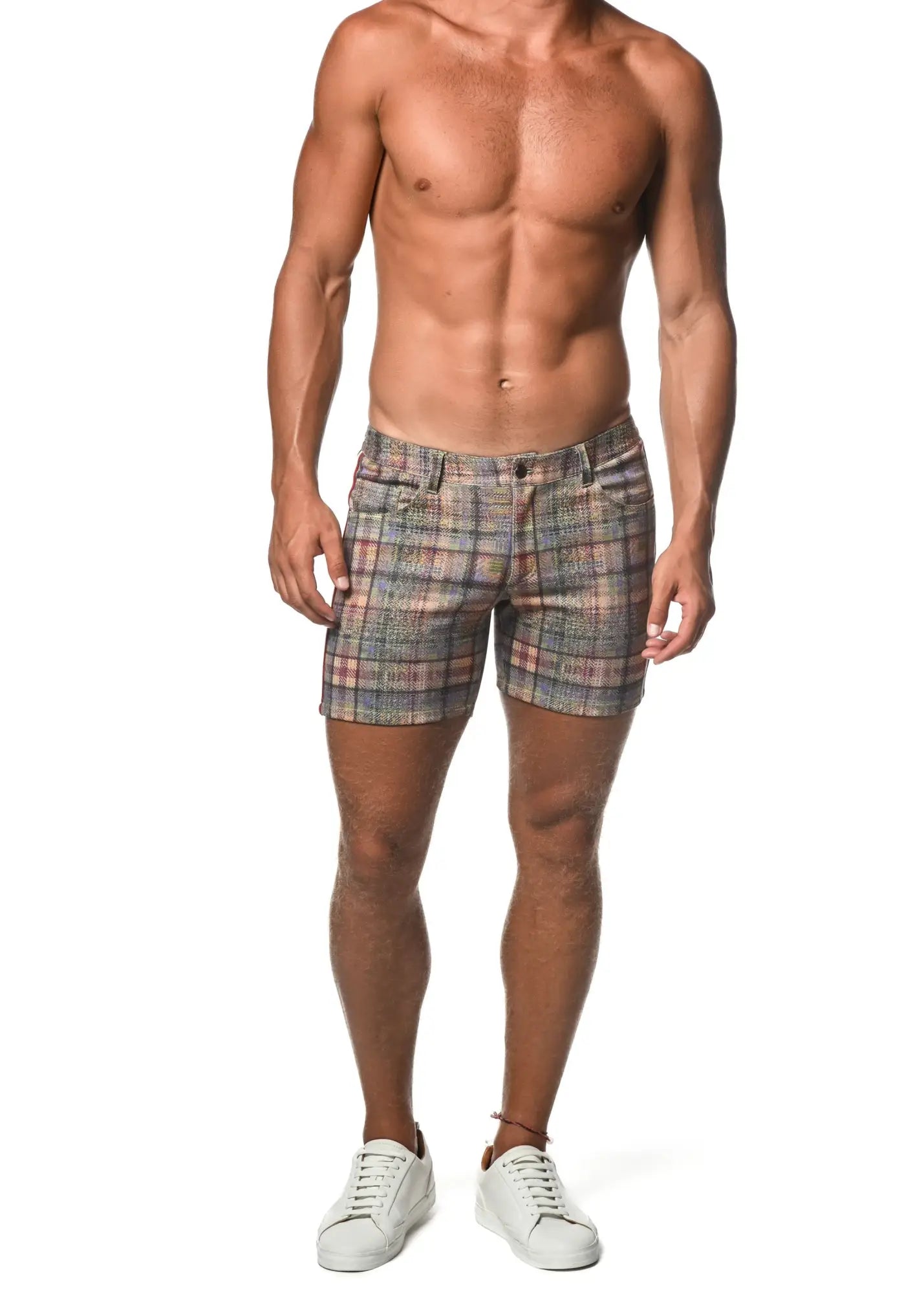 Plaid stretch knit shorts with side tape in muted gray pink and beige tones for men