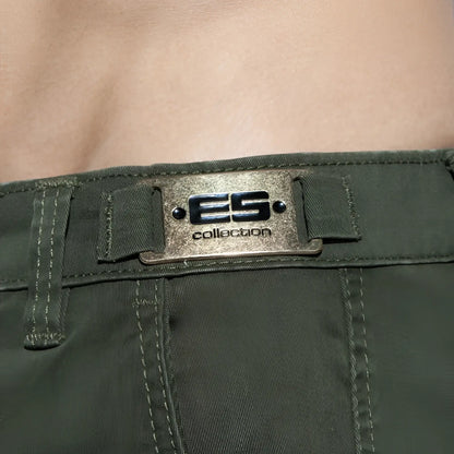 Olive green denim plain cargo short featuring a metallic silver es collection brand plaque with black lettering and rivets