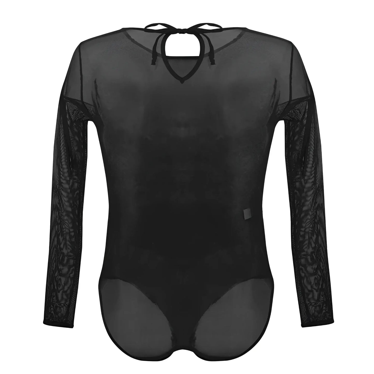Black sheer long-sleeved bodysuit with lace arms and tie-back neckline shown from the back plural pl001