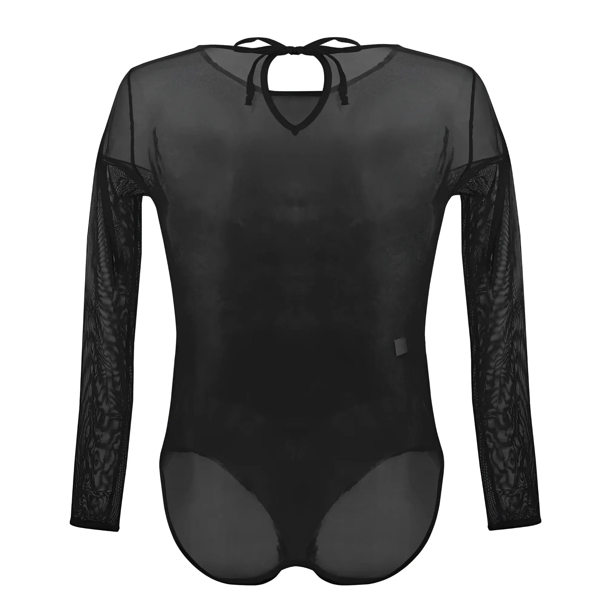 Black sheer long-sleeved bodysuit with lace arms and tie-back neckline shown from the back plural pl001