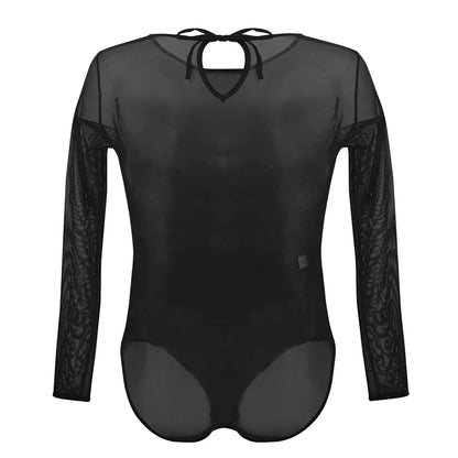 Black sheer long-sleeved bodysuit with lace arms and tie-back neckline shown from the back plural pl001