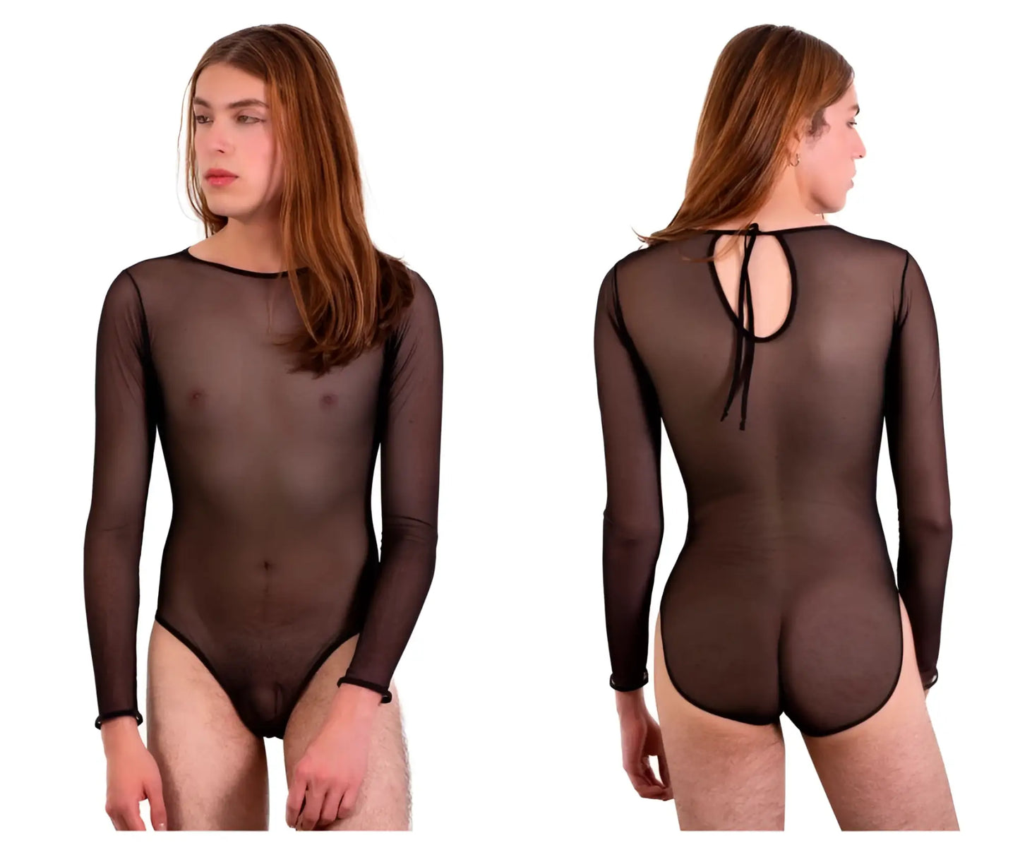 Black sheer long-sleeved PLURAL PL001 bodysuit with back tie detail shown from the back side