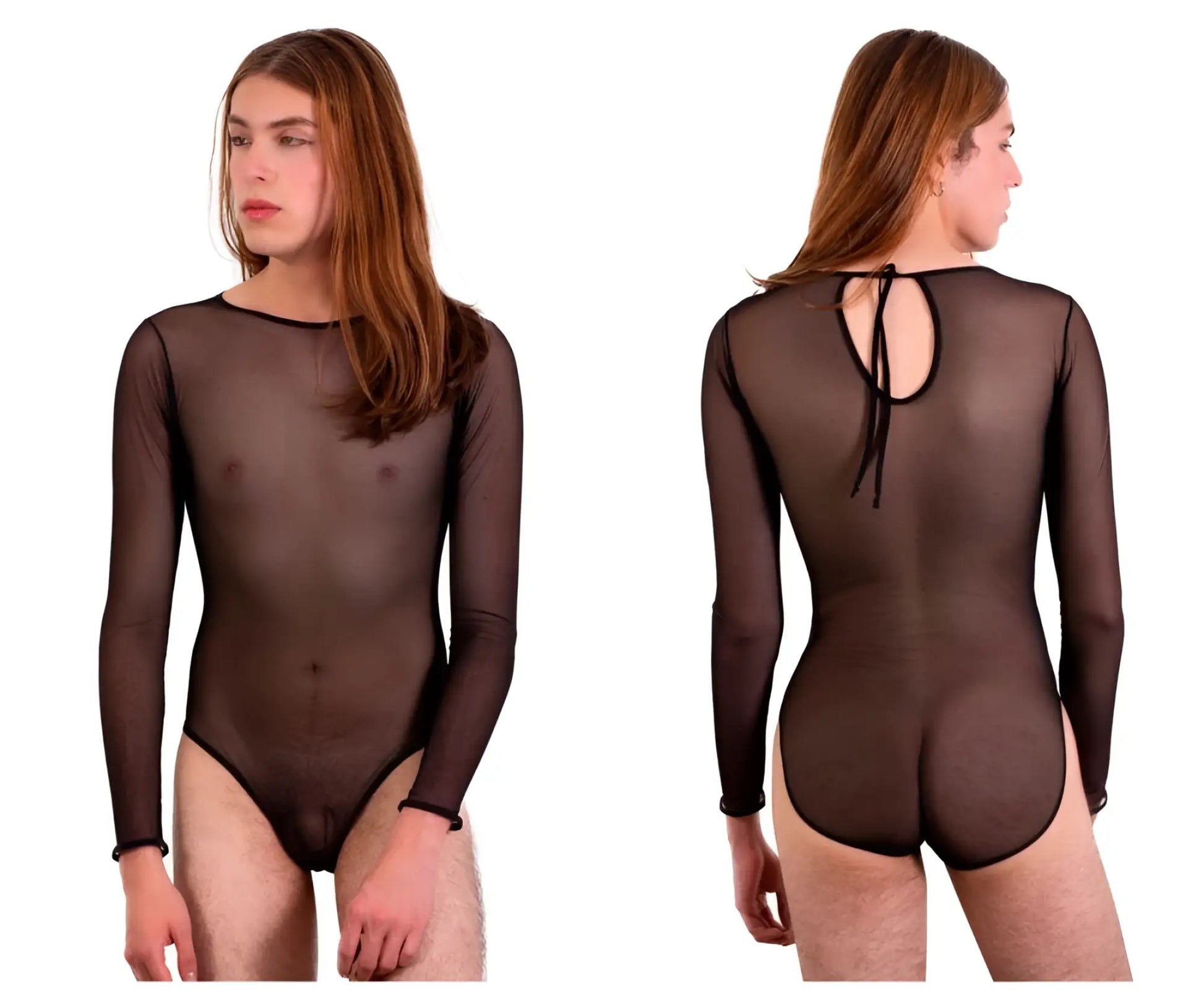 Black sheer long-sleeved PLURAL PL001 bodysuit with back tie detail shown from the back side