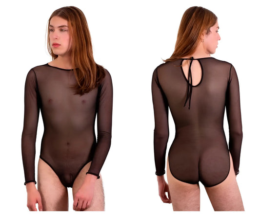 Black sheer long-sleeved PLURAL PL001 bodysuit with back tie detail shown from the back side