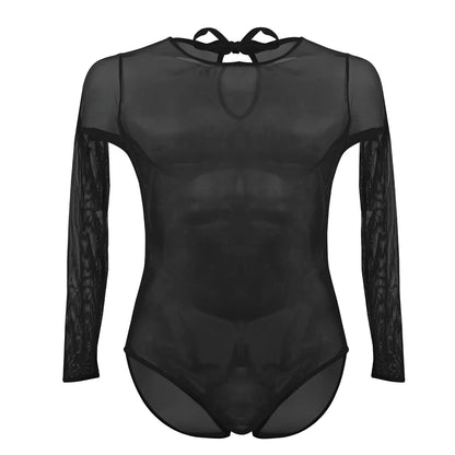 Black sheer mesh bodysuit with long sleeves and a back tie shown from the back in plural pl001 color black