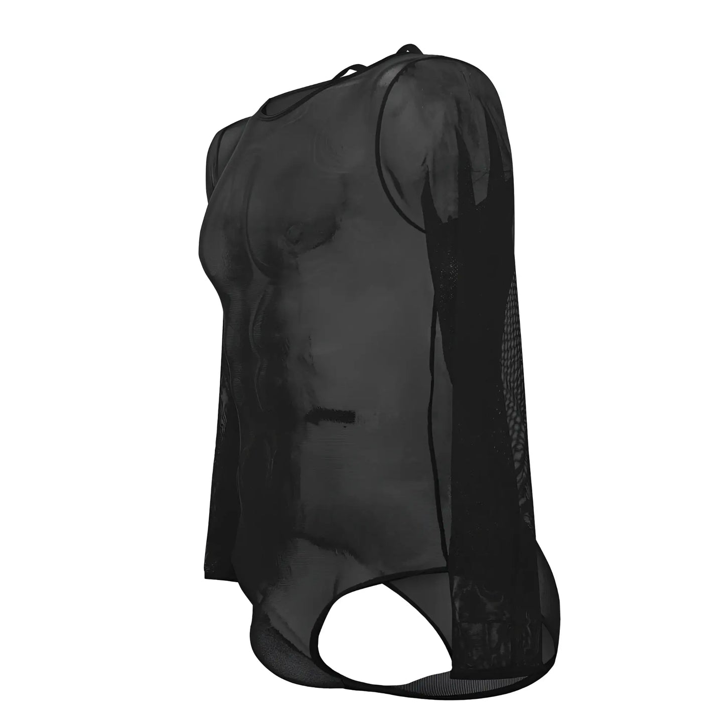 Back view of plural pl001 black bodysuit featuring sheer mesh fabric long sleeves and a cutout detail