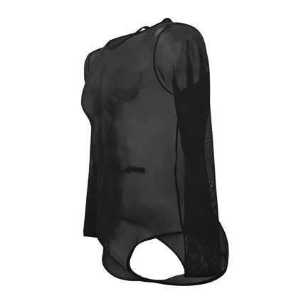 Back view of plural pl001 black bodysuit featuring sheer mesh fabric long sleeves and a cutout detail