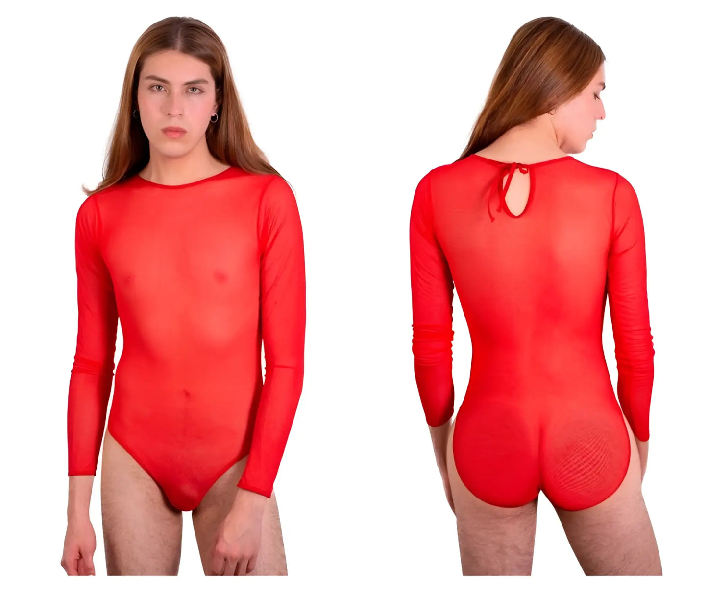 Red sheer long-sleeved bodysuit plural pl001 with textured paneling and back tie visible from the back side