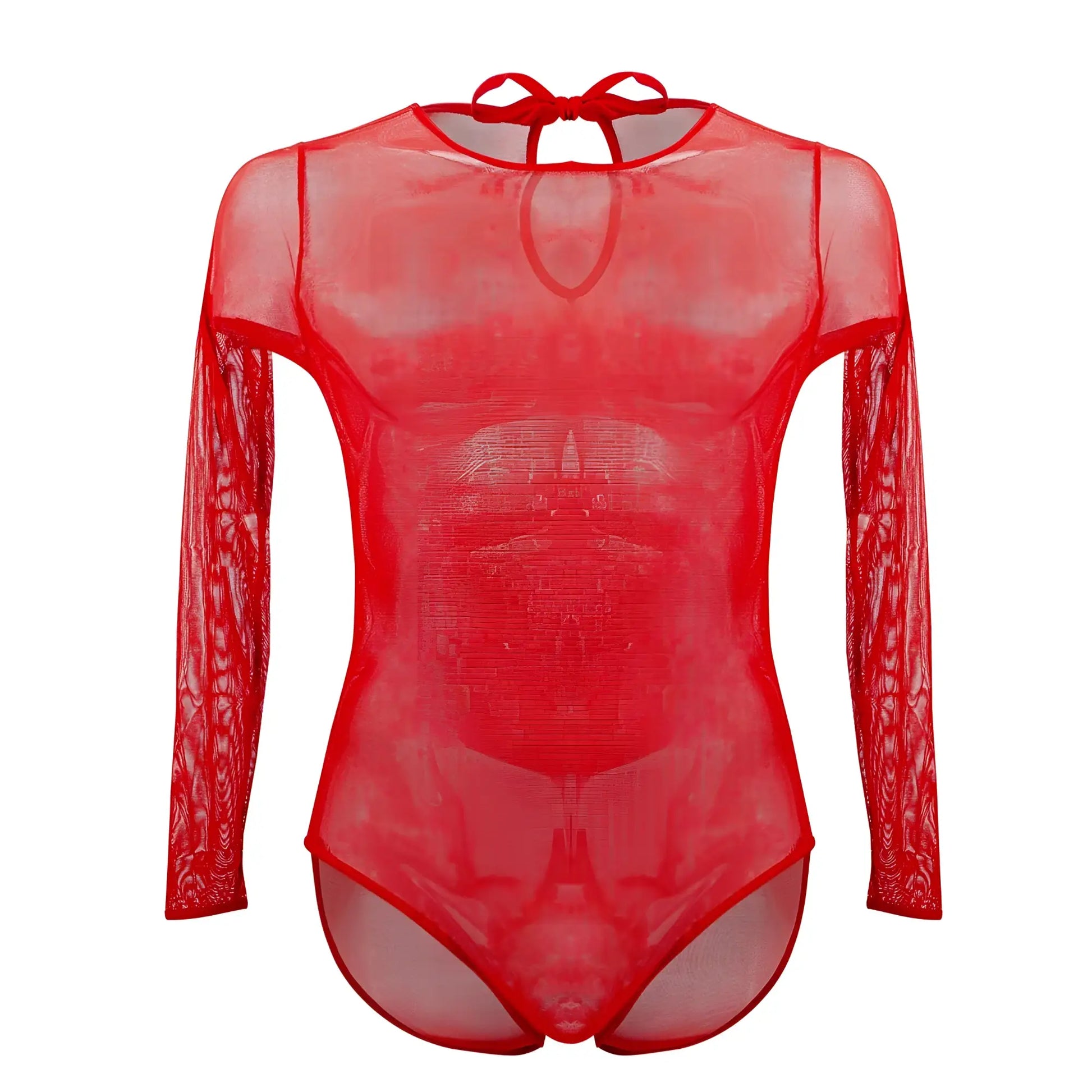 Red sheer mesh bodysuit plural pl001 with long sleeves and tie-back neckline shown from the back side