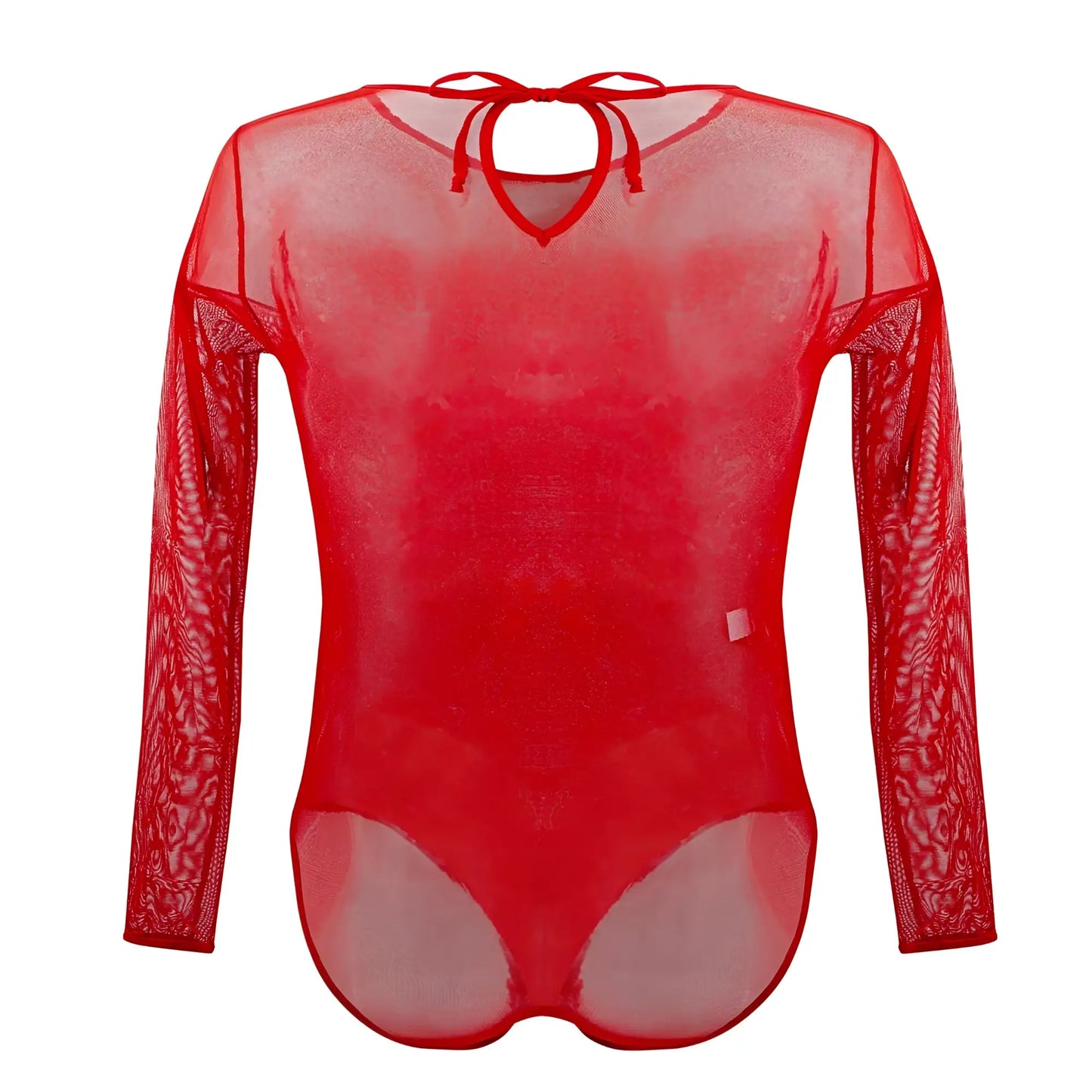 Red sheer mesh long-sleeved bodysuit plural pl001 with tie-back neckline and patterned sleeve detailing shown from back