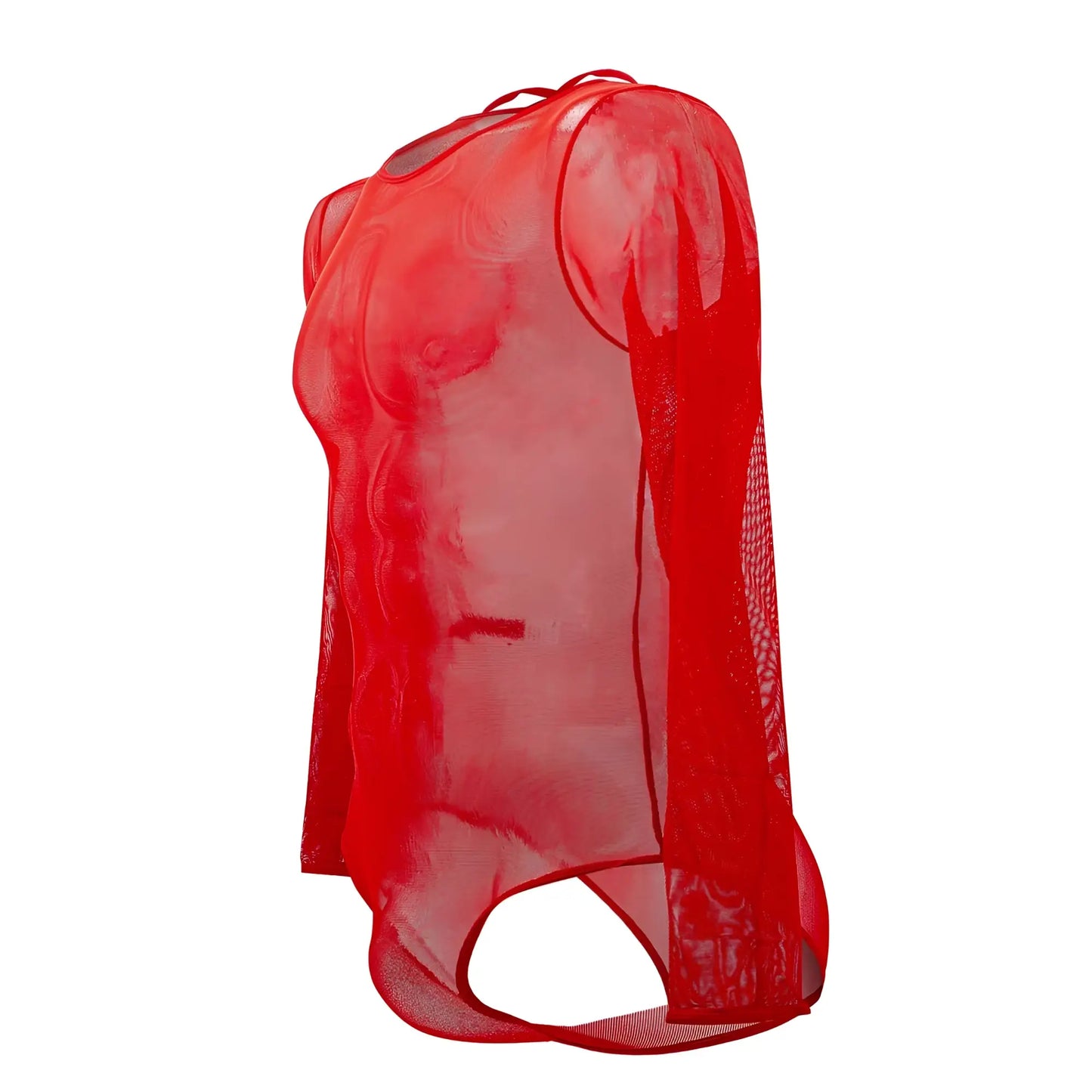 Red plural pl001 bodysuit showing back side with long sleeves cut-out back and sheer mesh material