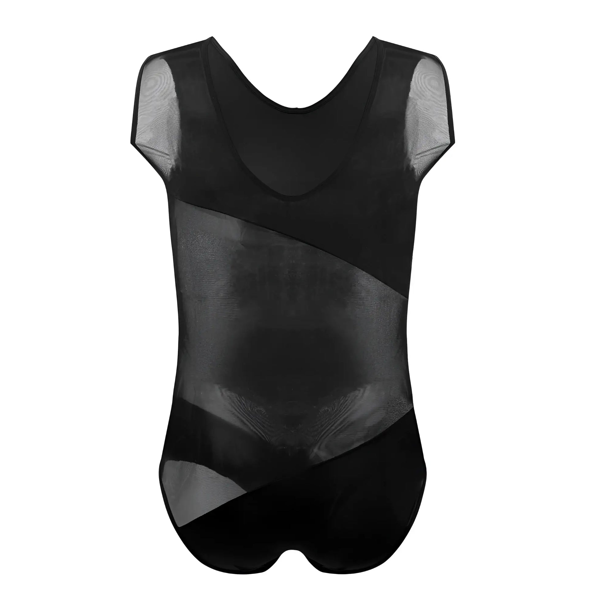 Black mesh PLURAL PL002 bodysuit with sheer panels and v-neckline designed as a stylish leotard