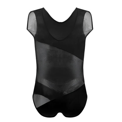 Black mesh PLURAL PL002 bodysuit with sheer panels and v-neckline designed as a stylish leotard