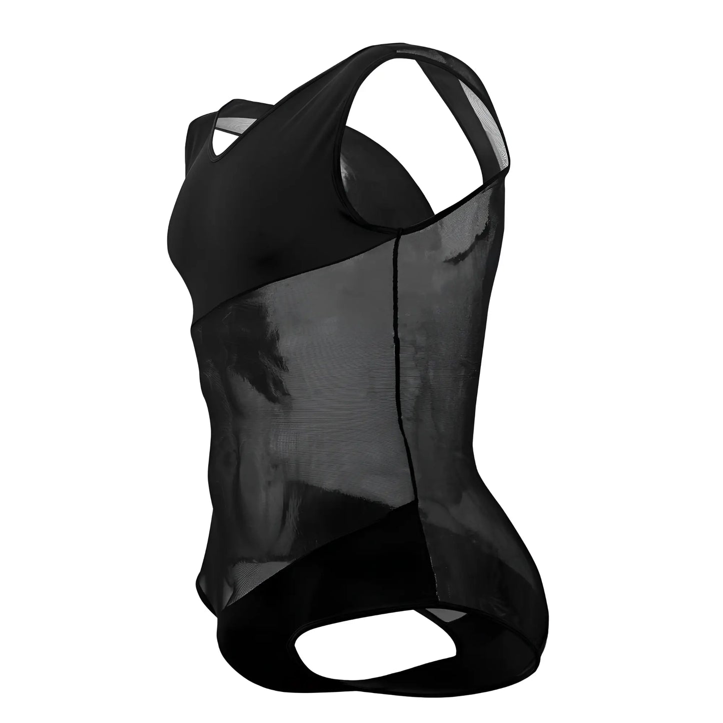 Black plural pl002 bodysuit with sleek form-fitting design in black mesh and solid fabric material
