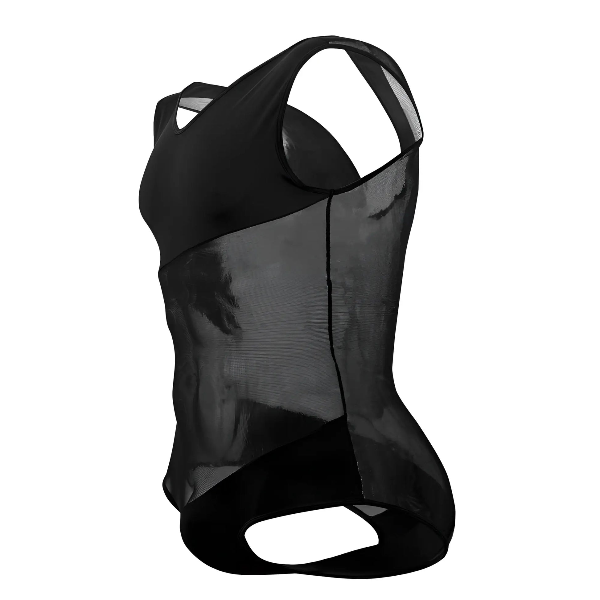 Black plural pl002 bodysuit with sleek form-fitting design in black mesh and solid fabric material