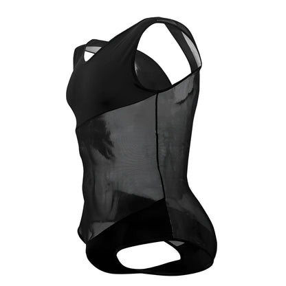 Black plural pl002 bodysuit with sleek form-fitting design in black mesh and solid fabric material