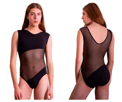 Black plural pl002 bodysuit one-piece leotard with sheer mesh panels and scoop neckline for stylish comfort