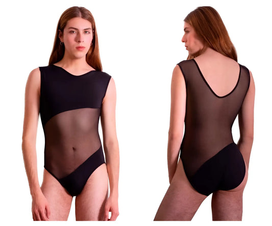 Black plural pl002 bodysuit one-piece leotard with sheer mesh panels and scoop neckline for stylish comfort