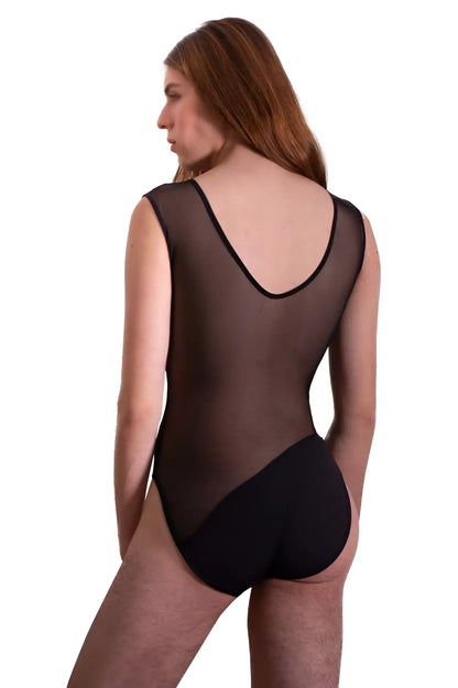 Back side of plural pl002 bodysuit black sheer mesh leotard with solid black panel at lower back